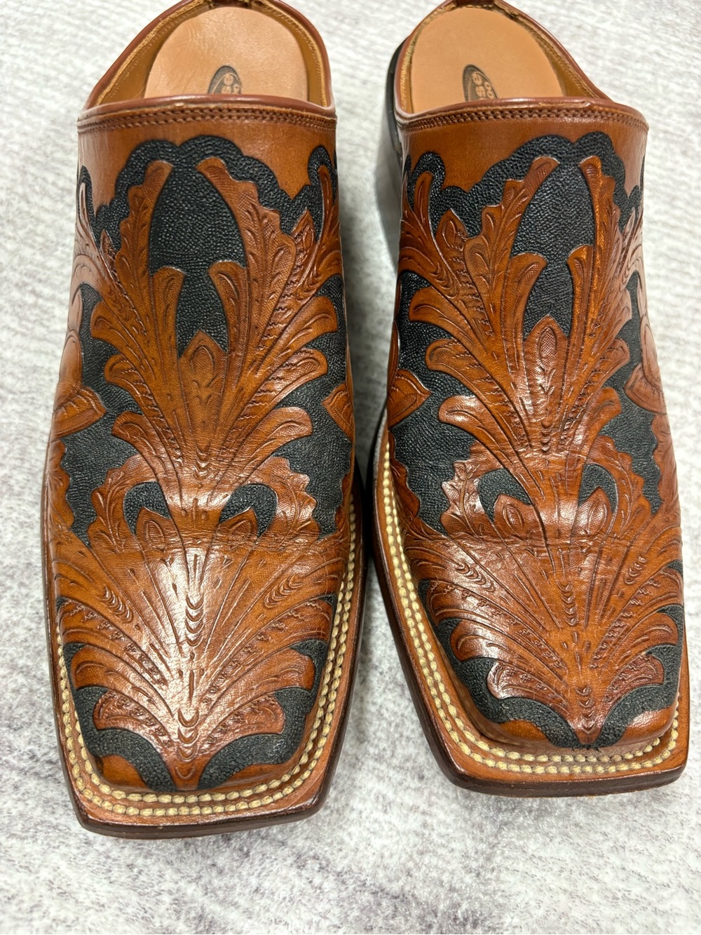 Vintage Lucchese Leather Tooled Western Mules Brown Black Square Toe Block Heel - Picture 5 of 10